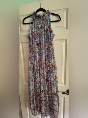 Taylor Light Blue Floral Maxi Sundress with Tiered Skirt